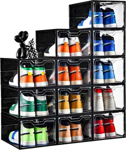 12 Pack Stackable Shoe Storage Organizer with  Door, Shoe Boxes Clear Black Plastic for Closet, Shoe Rack for Sneaker Boot Container, Shoe Cabinet Fit up to  Size 12