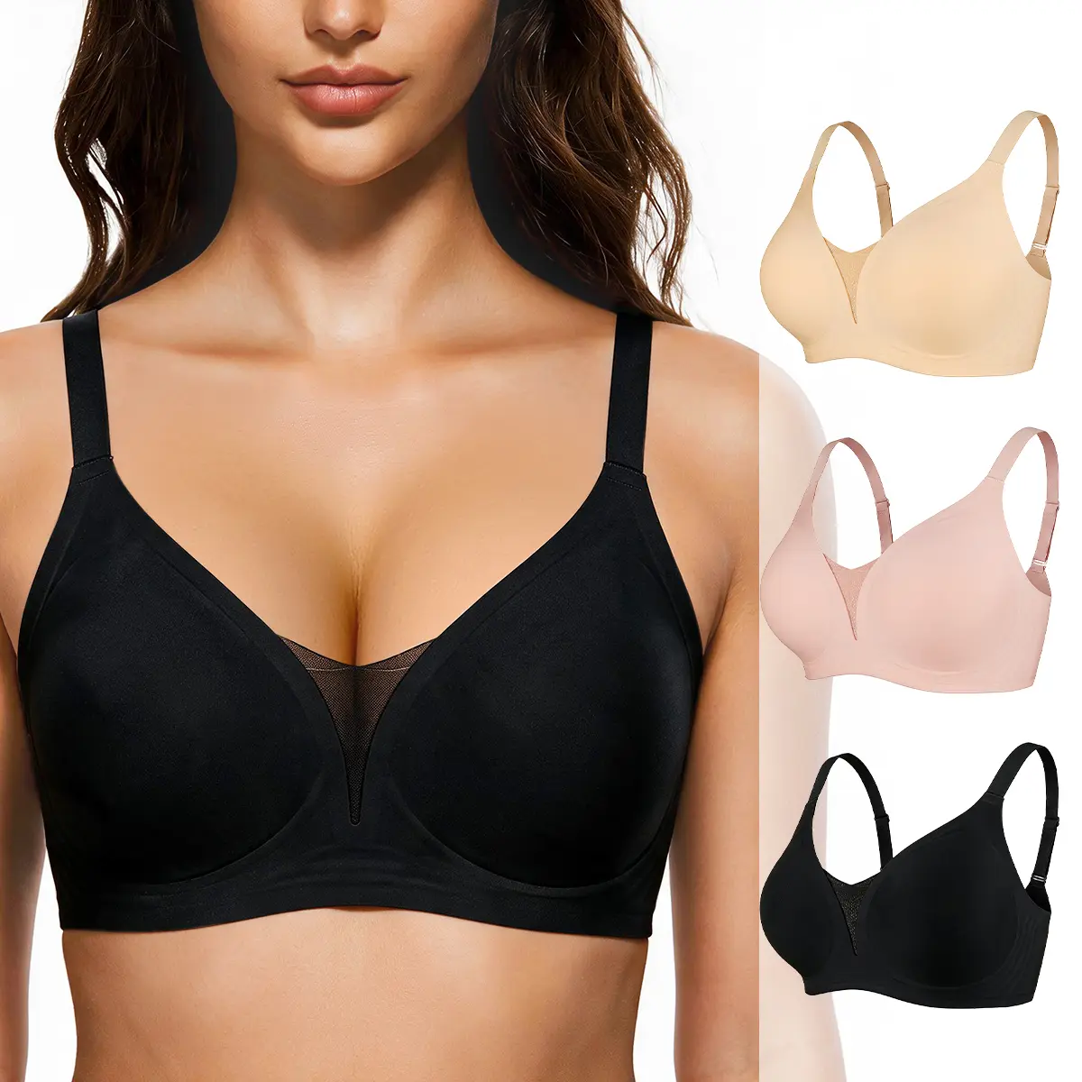 TryWish 3 pieces Jelly Comfortable Wireless Bras Push Up Bralettes Seamless Tshirts Bras Deep V Everyday Bras