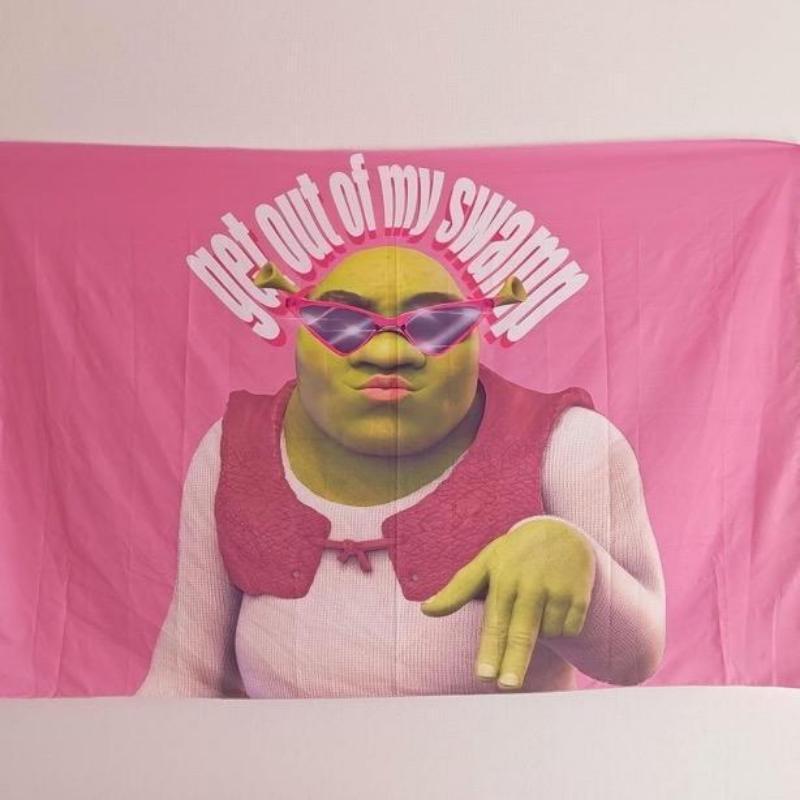 Tapestry  Funny Shrek Pink Tapestry 3x5 Get Out Of My Swamp Meme Tapestry Wall Hanging Dorm Backdrop Home Decor for Bedroom Living Room Decorative Landscape Table Light Peach Velvet Decoration