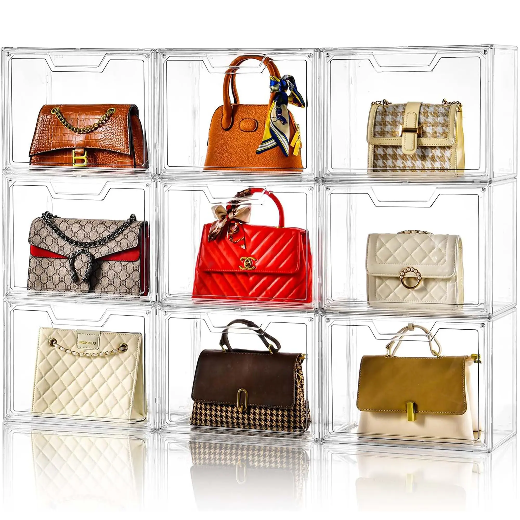 Purse Organizer for Closet, Tclear Purse Organizer Display Stackable Case for Handbag Storage Clear Box with Magnetic Door, Plastic Holder for Clothes,Bag, Shoes,Collectibles,Book,Cosmetic 3 Packs