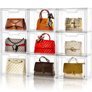Purse Organizer for Closet, Tclear Purse Organizer Display Stackable Case for Handbag Storage Clear Box with Magnetic Door, Plastic Holder for Clothes,Bag, Shoes,Collectibles,Book,Cosmetic 3 Packs