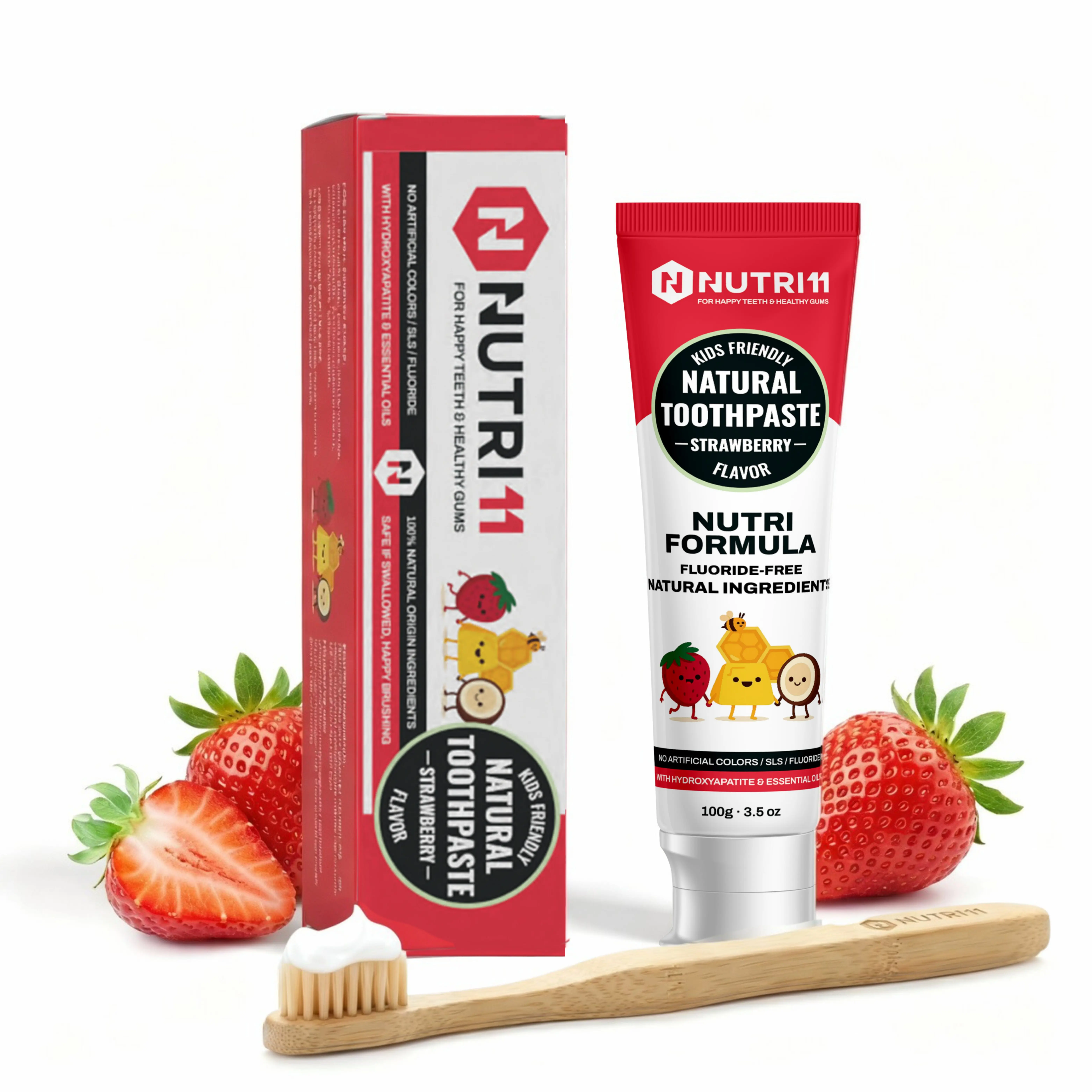 Nutri 11 Natural Kid's Toothpaste | Fluoride-Free & SLS-Free | Enamel Remineralization with Hydroxyapatite & Baking Soda | Sensitive Teeth Safe | Fresh Strawberry Flavor | 100g