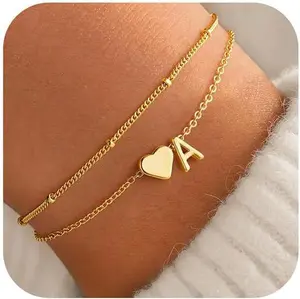 Initial Bracelet - Dainty 14K Gold Plated Heart Initial Letter A-Z Bracelets for Women Trendy, Layered Link Charm Bracelets Jewelry Personalized Birthday Gifts for Women Wife Teacher Her