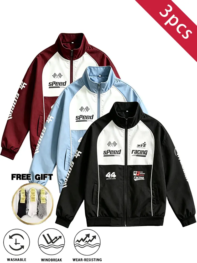 3PCS Men’s Racing Windbreaker Jacket, available in 3 colors: black, burgundy, light blue, stand collar design, zip closure, Speed 44 racing logo print, colorblock sleeve cuffs, letter print, washable, windproof and wear-resistant, casual street-style jack