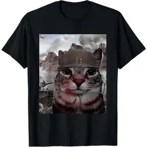 Thousand Yard Stare Funny Soldier Cat Meme in Battlefield T-Shirt