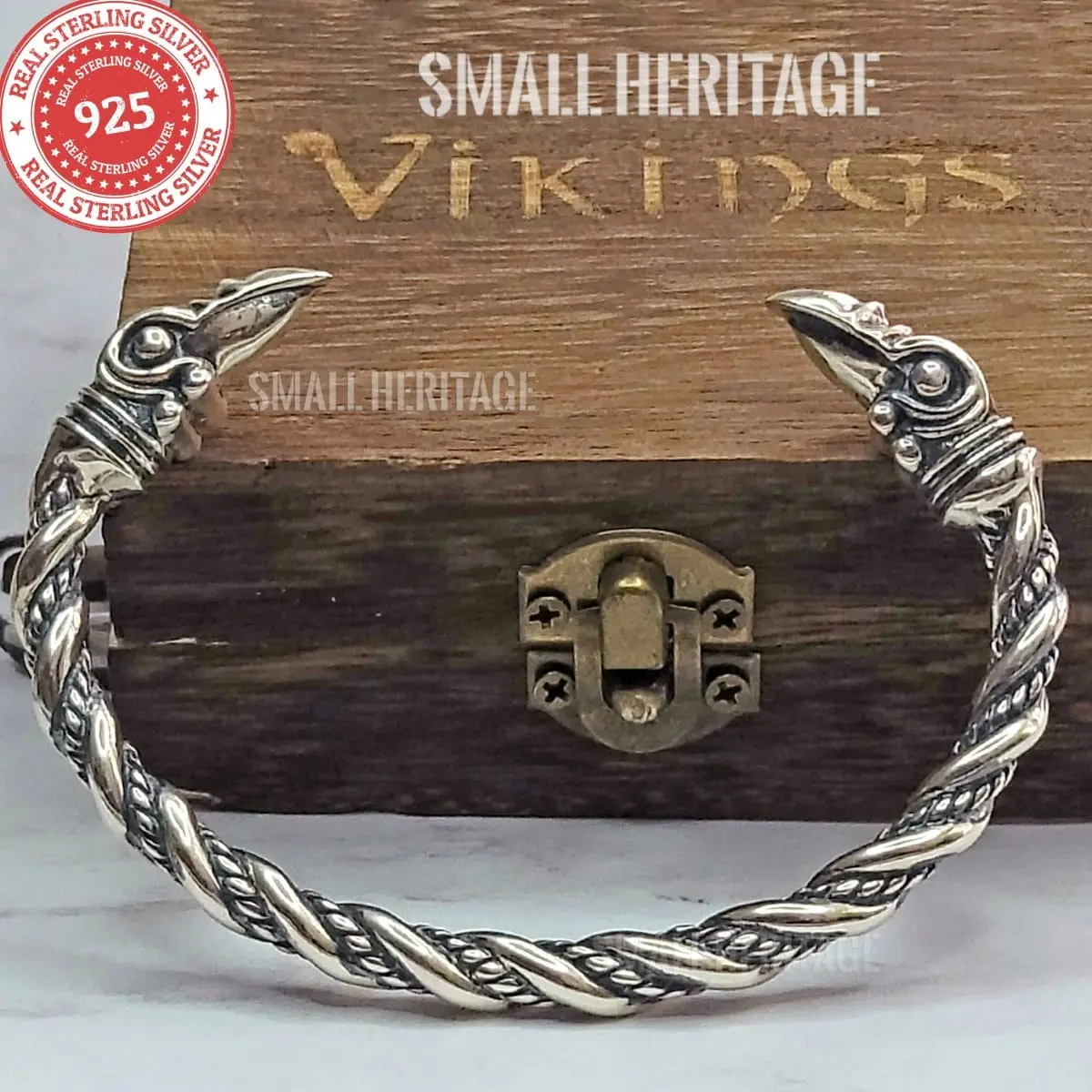 Raven Bracelet 925 Sterling Silver Viking Cuff Medieval Style Arm Ring