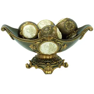 HomeRoots 468311 8 in. Polyresin Classical Greek Decorative Bowl with Orbs, Bronze