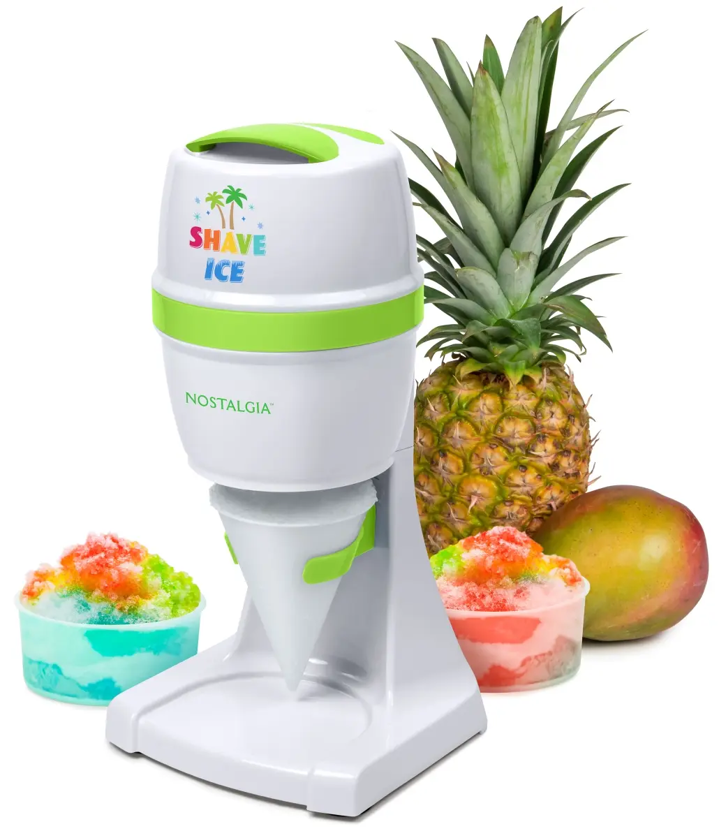 Nostalgia Stainless Steel Electric Shave Ice & Snow Cone Maker for Birthday, Kitchen Countertop & Small Side Table, 8oz Capacity, Push-Button Operation, 6 lbs Plastic Ice Mold Set Included