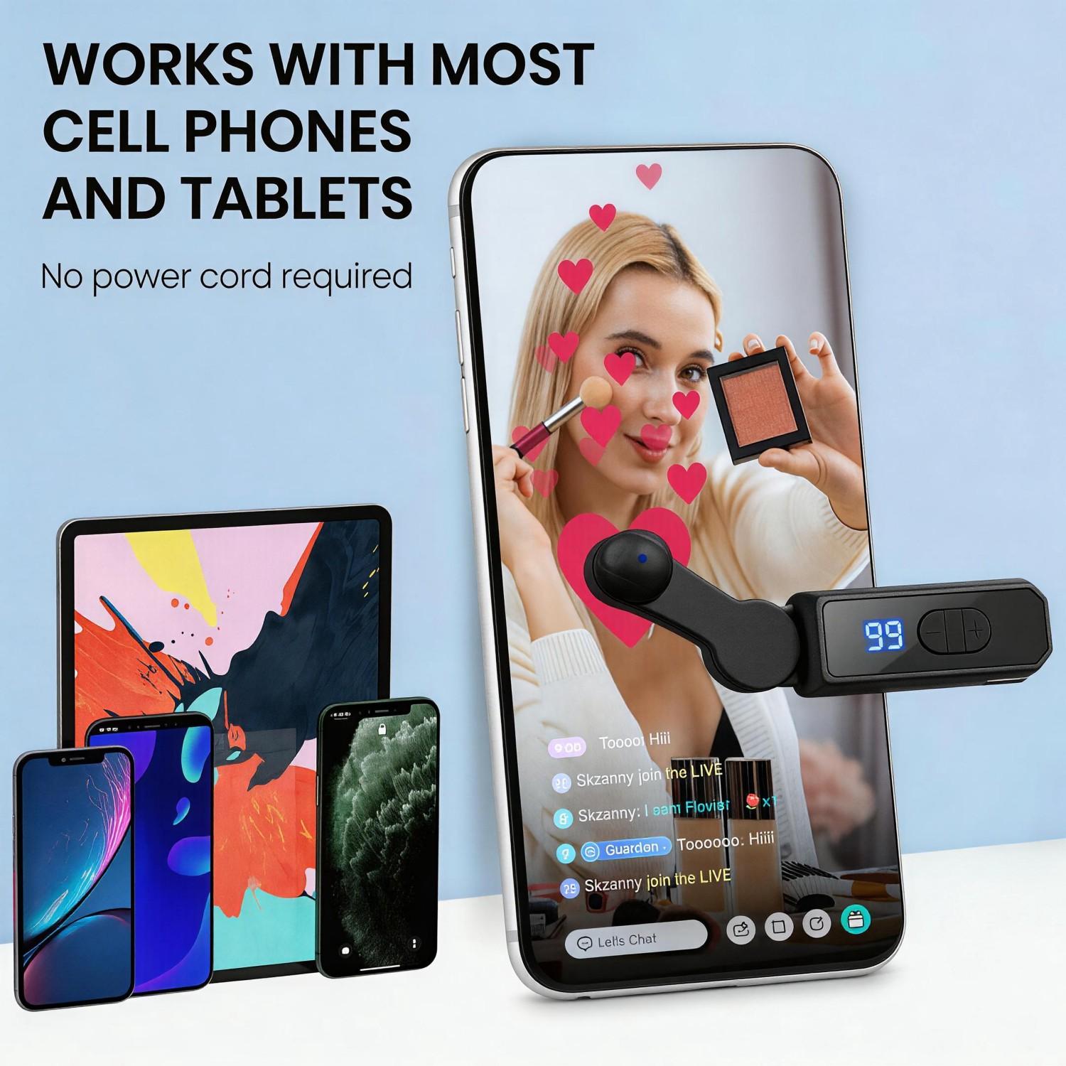 Compatible with iPhone, iPad, and Android devices, the TikTok Smartphone Clicker is a rechargeable, automatic clicking device with adjustable speed, designed specifically for live-stream liking and social media tasks.