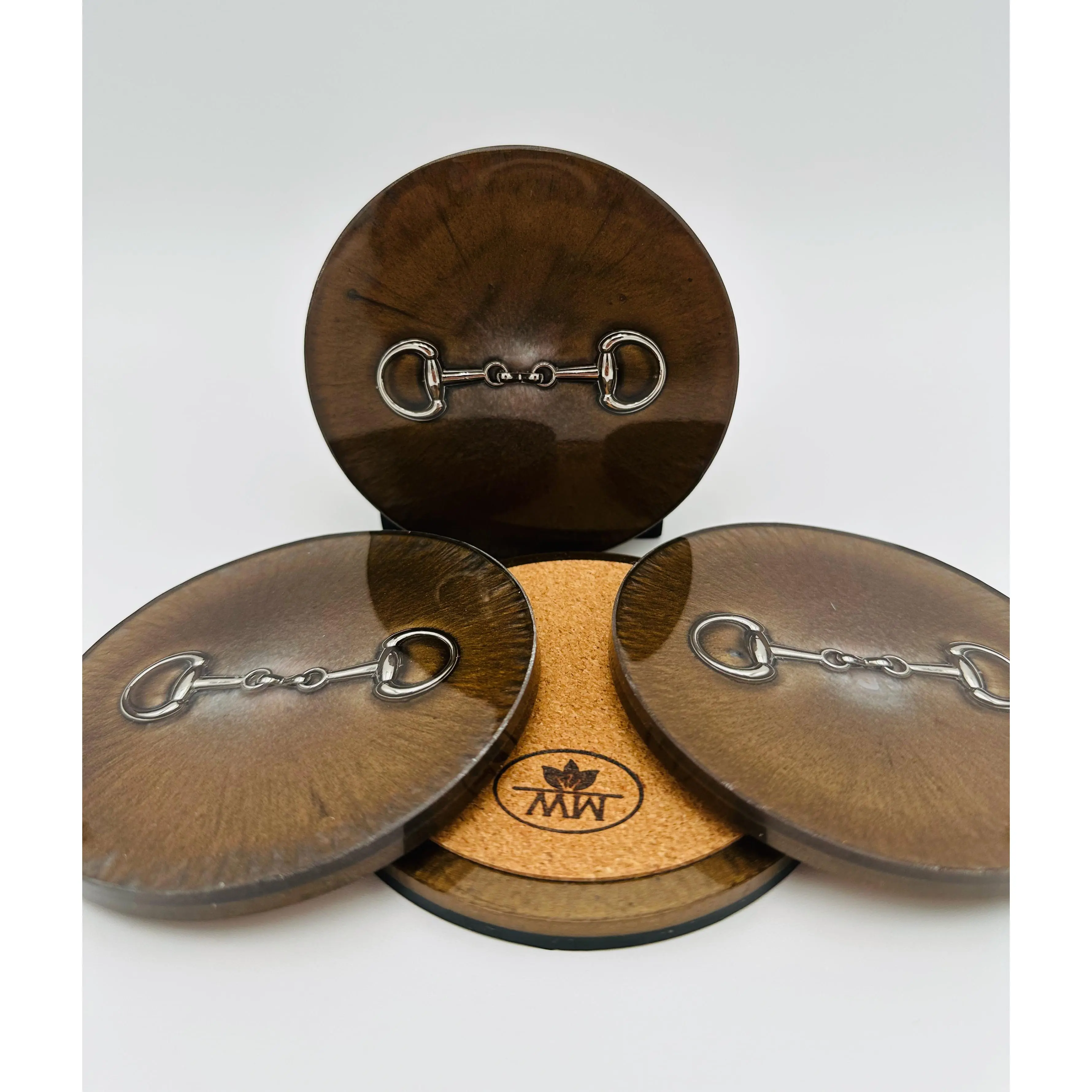 Handcrafted Bronze and Silver Resin Coasters with Silver Bridle Bit Inlay, Set of 4