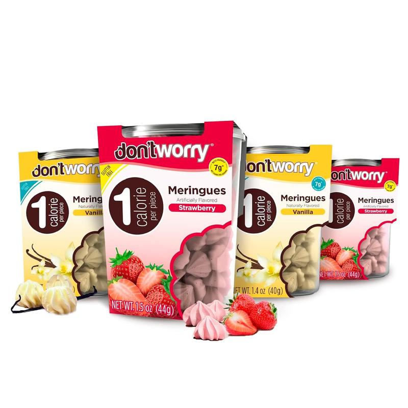 Don't Worry Low Calorie Meringue Cookies - 4 Pack - Strawberry and Vanilla, Just 1 Calorie per Piece | Low Sugar Candy, Gluten Free, Protein Snacks | Keto Friendly and Healthy Snacks for Adults