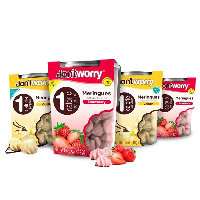 Don't Worry Low Calorie Meringue Cookies - 4 Pack - Strawberry and Vanilla, Just 1 Calorie per Piece | Low Sugar Candy, Gluten Free, Protein Snacks | Keto Friendly and Healthy Snacks for Adults