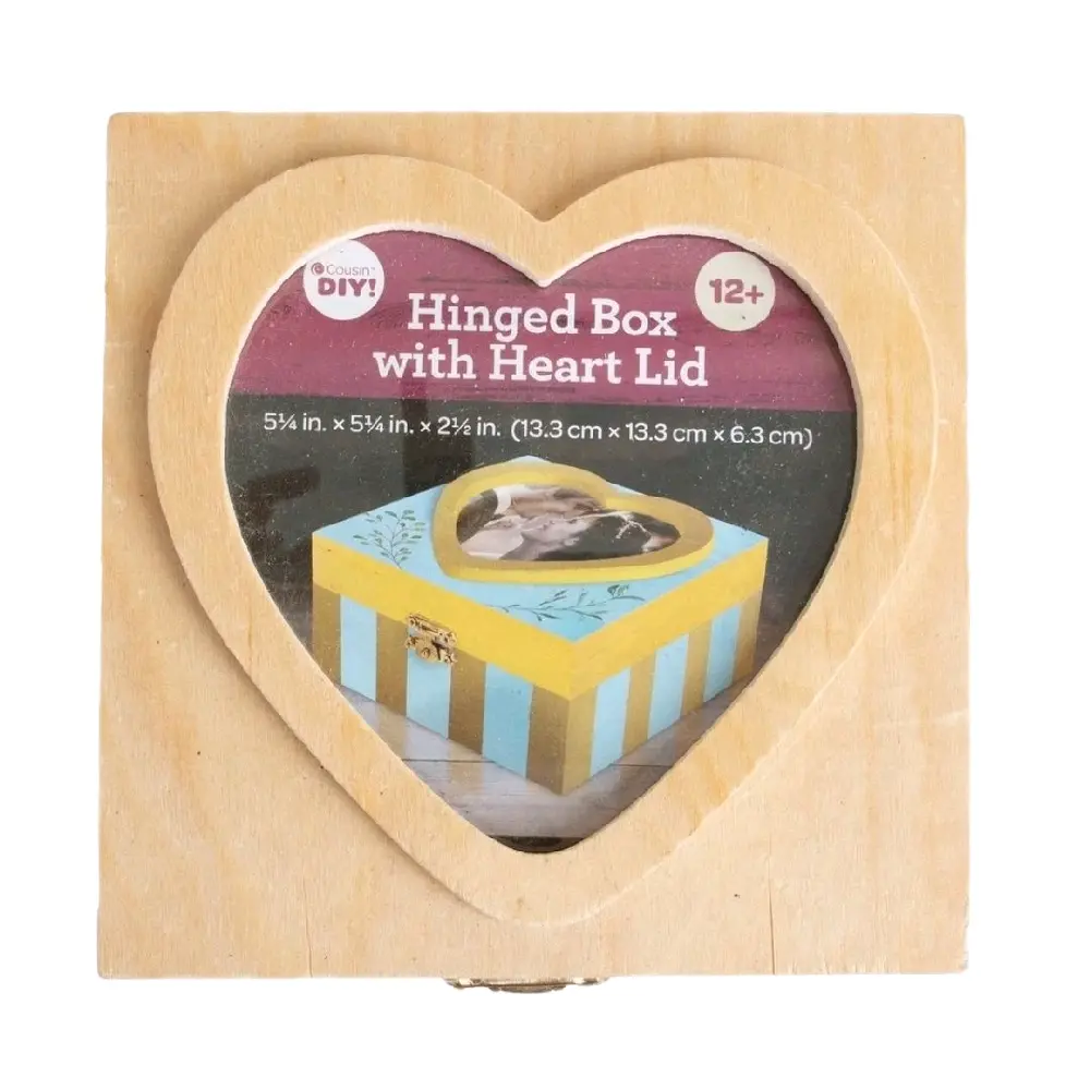 Unfinished Brown Wood Hinged Box with Heart Lid - Wedding Keepsake Storage Container