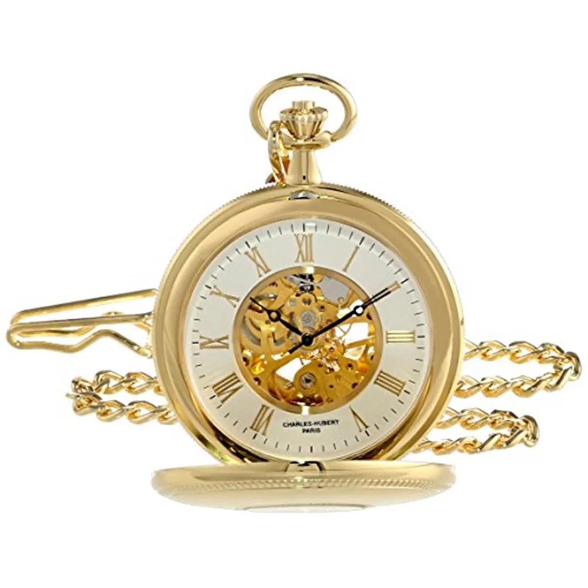 212 MAIN Women's Classic Casual Mechanical Pocket Watch - 51mm Gold Finish, White Dial, Numerals Accent, Brass Chain, Fashion Women's Accessory