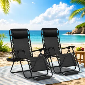 “2-Pack Zero Gravity Chairs for Patio & Garden, Portable Folding Lounge Recliners with Pillow & Cup Holder Tray, Adjustable Outdoor Beach Camping Lawn Chairs, Black”