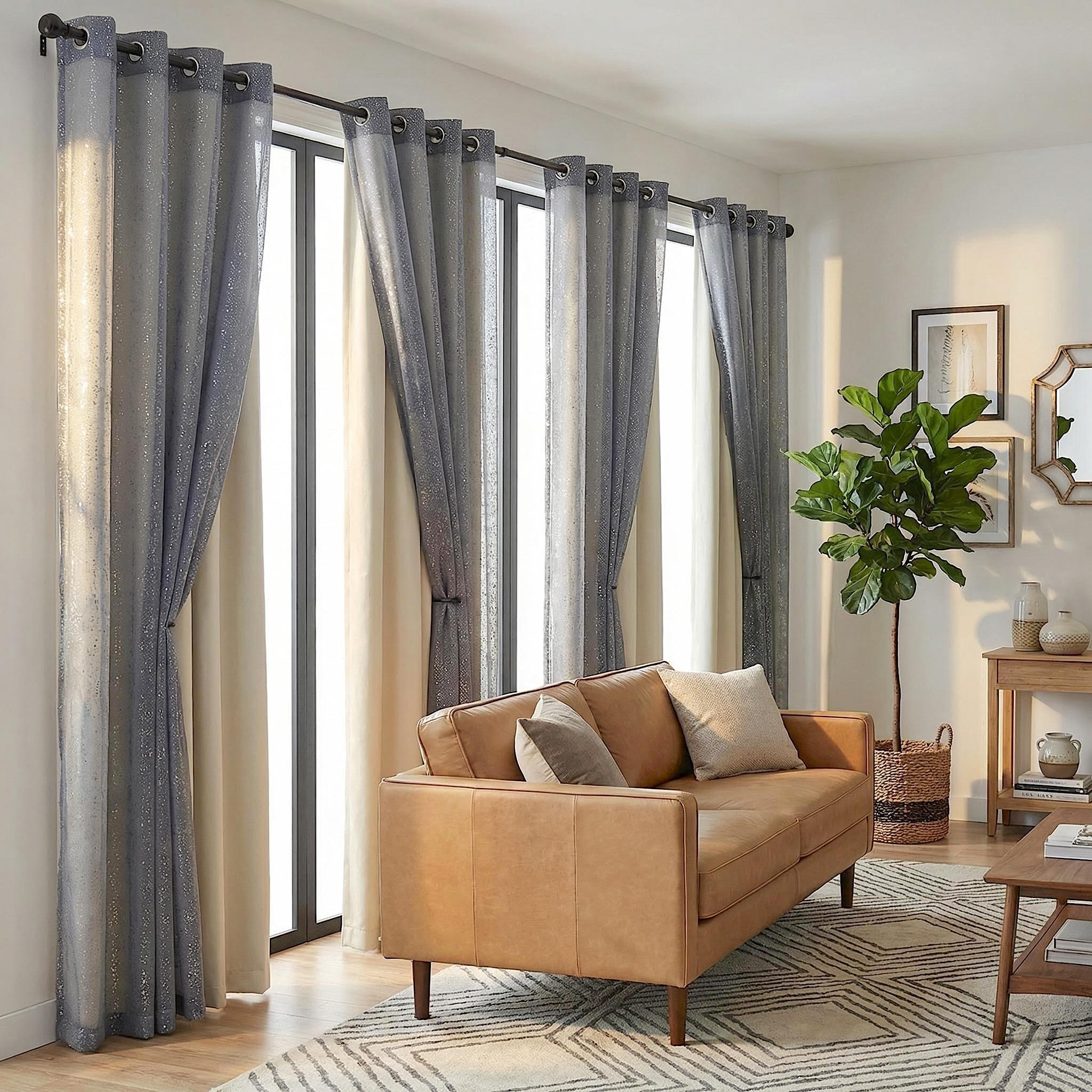 Curtain Club 8 Panels 52x84inch Curtain Fabric + Chiffon Set: 4 panels are plain blackout fabric, 4 panels are chiffon. With silver heat transfer finish, allowing light to pass through. The set can provide both blackout and decorative effects. FT2599+L28