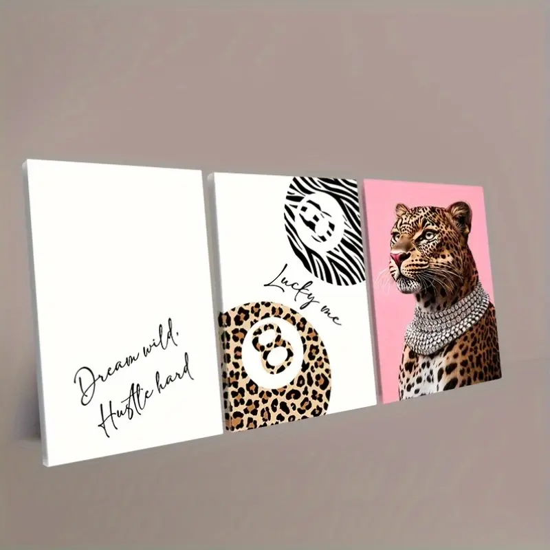 3pcs Pink Leopard & Cheetah Print Framed Wall Art - Modern Minimalist Animal Poster Paintings, Pink Leopard Pattern Thick Wood Frame & Canvas, 12x16 Inch/30x40cm Each Panel, Suitable for Bedroom/Living Room/Dining Room/Bathroom Decor - Ideal Gift, 2D