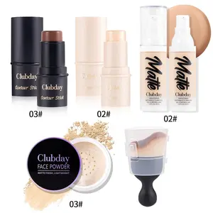 Long Lasting Makeup Set, 5 Counts/set Oil-control Foundation & Matte Loose Powder & Concealer Stick & Foundation Brush, Facial Makeup Set, Cosmetic