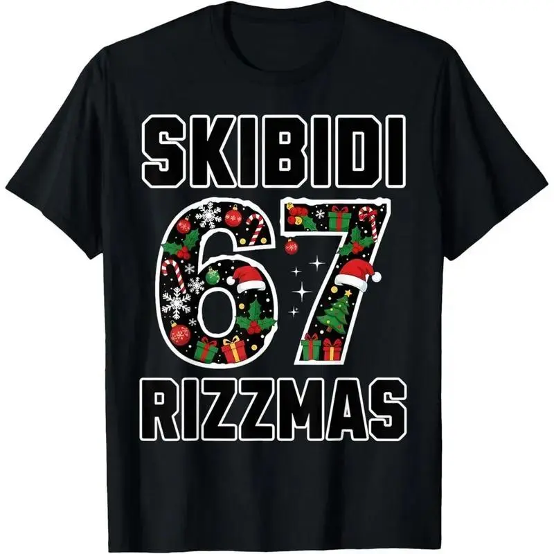 Men's Graphic T-Shirt, Funny Rizzmas Skibidi Christmas Print, Soft 100% Cotton Casual Short Sleeve Round Neck Top, Tshirt, Shortsleeve, Menswear, Christmas Themed, Funny Rizzmas 67 Gen Alpha Skibidi Christmas Themed