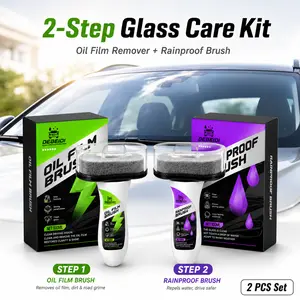 DEBEIDi 2-Step Windshield Glass Care Kit – Oil Film Remover Wand & Rainproof Brush Bundle, Car Glass Cleaner with Sponge Applicator for Clearer Visibility