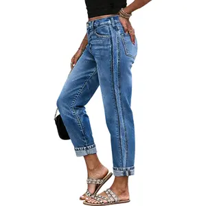 Flamingals Wash Ripped Mid Waist Straight Leg Crop Jeans Stretchy 25.2'' Inseam