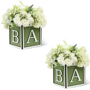 2pc green baby shower party table center decoration flower box, wooden box with the letters BABY, suitable for gender revealing parties (without flowers)