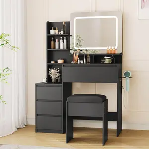 Makeup Vanity with Lights - 36-Inch Vanity Desk - 4 Large Drawers Dresser - 3 Lighting Modes - Stool and Charging Station - Modern Vanity Table for Bedroom - Women - Black