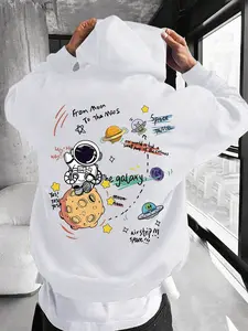 Men's High Street Oversized Hoodie, Astronaut Print, Loose-Fit Drop Shoulder Design, Trendy Fall Fashion, Must-Have Streetwear