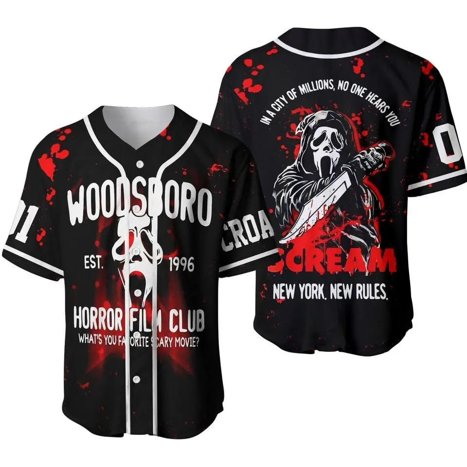Personalized Woodsboro Horror Film Club Ghostface Baseball Jersey, Horror Movie, Gothic Horror Sports Outfit