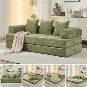 Chenille Fluffy Convertible Folding Sofa Bed, 78.8in Modular Floor Couch with Removable Backrest & Cloud Sleeper Mattress, Lazy Loveseat for Small Space & Apartment, Green, Chenille Fluffy Sofa