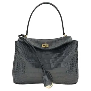 Balenciaga Rodeo Distressed Gold Hardware Crocodile-Embossed Calfskin Shoulder and Handbag in Dark Gray for Women