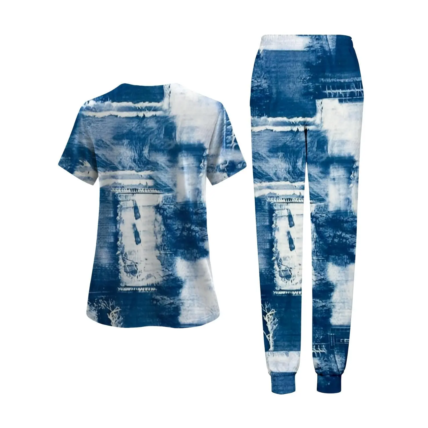 Women's Blue Tie-Dye Print Outfit Set, Featuring V-Neck Top & Pocketed Pants - Casual Workwear for Professionals, All-Season Comfort & Breathability