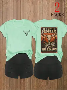 Y2K Campus Western Sweet Cool Back-To-School Set, Short Sleeve Western Cow Print, High Waist Ruched Shorts, Spring & Fall Fashion