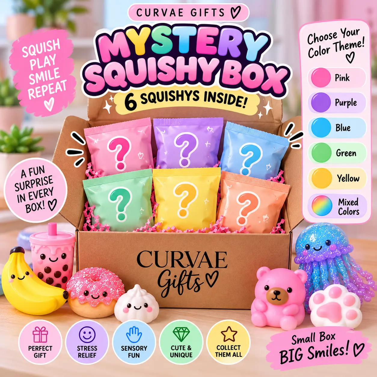 Squishy Box - Mystery Stress Relief Toy Box with 6 Surprise Squishies, Choose Your Favorite Color