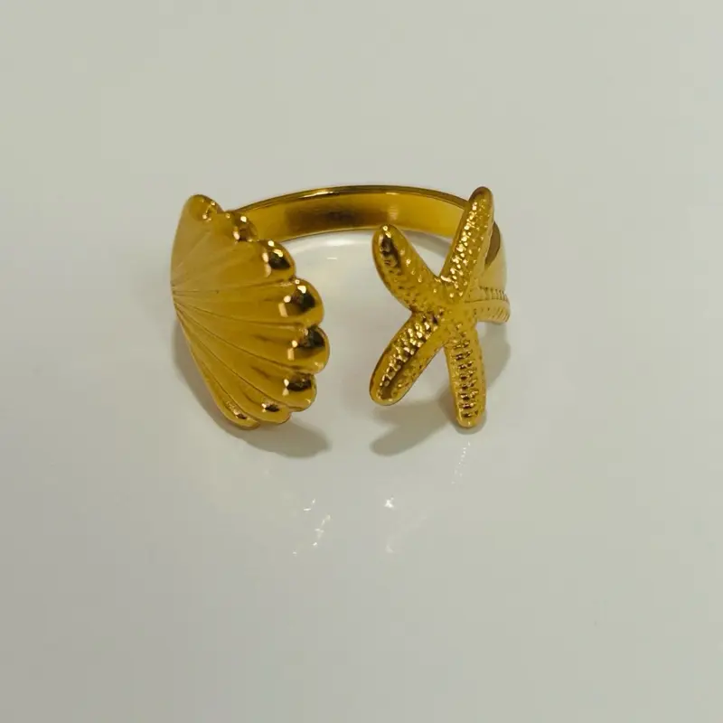 Starfish & Shell Adjustable Ring | Gold Stainless Steel Beach Ring | Waterproof Summer Jewelry
