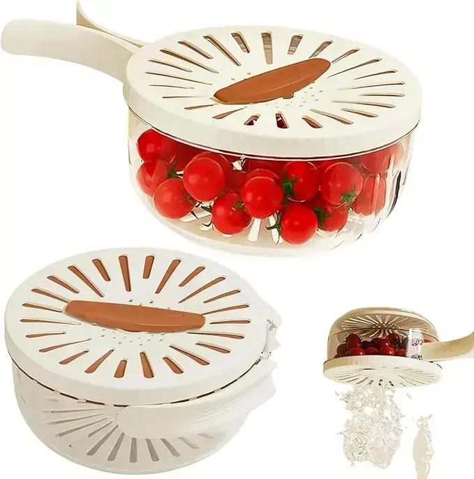 Kitchen Multifunctional Colander Basket - Foldable Handle, Lid Included - Salad Bowl Food Strainer Refrigerator Storage Container for Washing Fruits, Vegetables