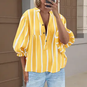 LCXWFE Womens  Fashion 3/4 Length Sleeve Casual Babydoll Top V Neck Striped Blouses Loose Fit Flowy Button Down Shirts