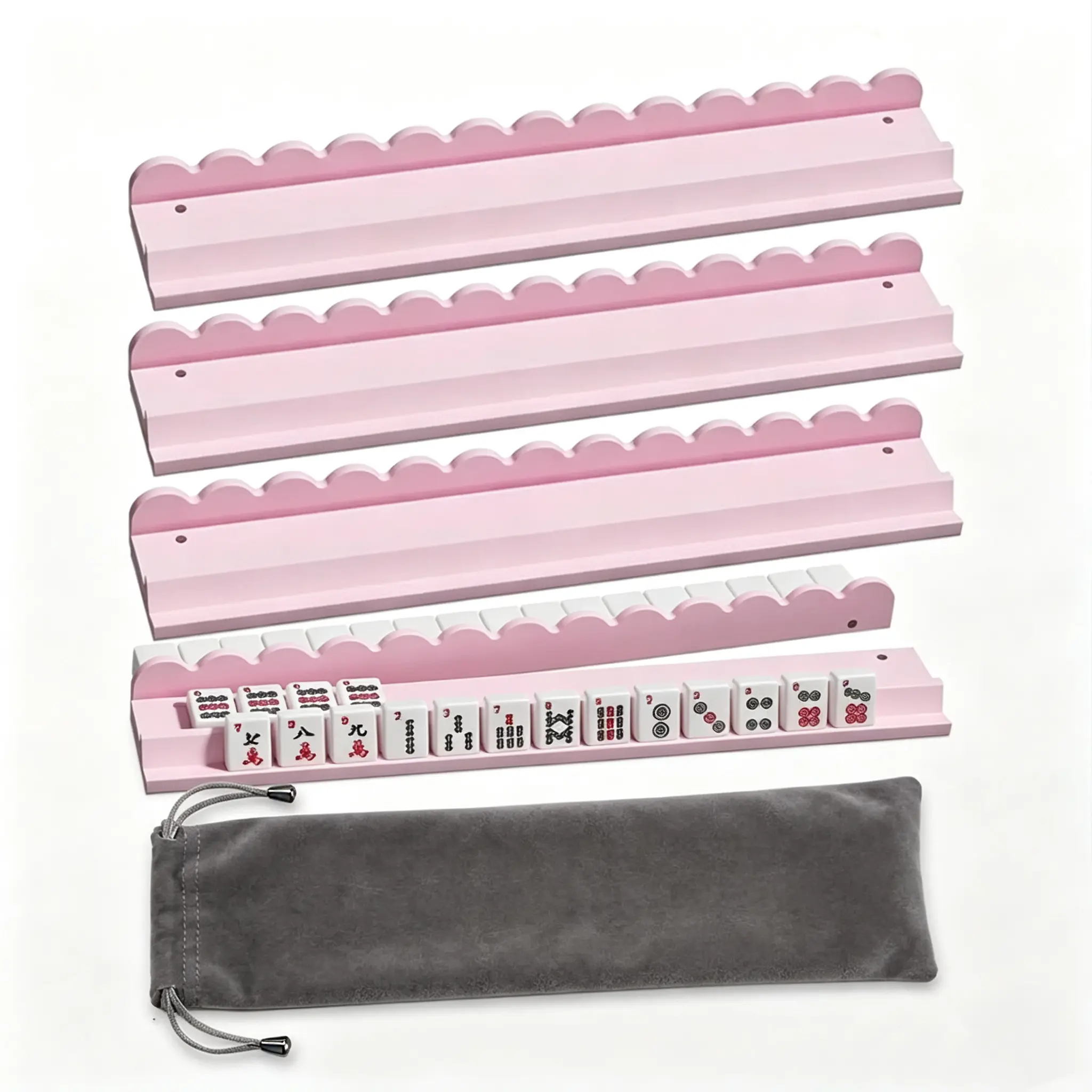 4pcs, 17in pink Wooden Mahjong Racks with Pushers, American Mahjong Tile Pushers And Racks with Storage Bag, Modern Table Mahjong Accessories