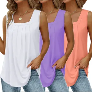 3Pack Summer Tank Tops for Women Loose Fit Pleated Square Neck Sleeveless Tops Curved Hem Flowy
