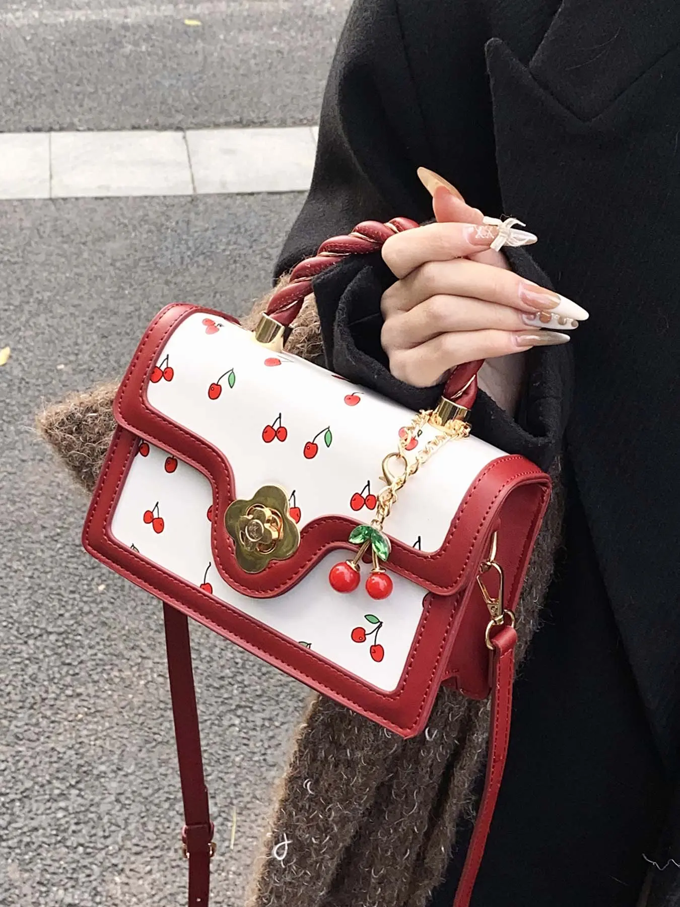 Sweet cherry print handbag, Cherry decorated handbag, woven handle metal pendant retro small square bag, can be used handbag crossbody, versatile and available in multiple colors, suitable for daily commuting, shopping, etc. Pu Leather Handbag