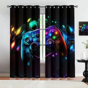 2 Piece Window Curtain Set, Cool Game Controller Print Curtains, 100% Polyester Transparent Drapes, Easy Install Rings, Home Decor