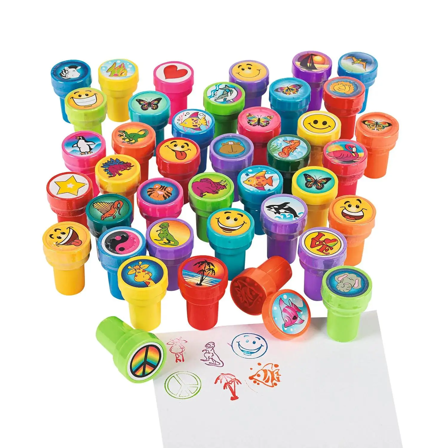 Kids Shapes, Faces & Animals Plastic Stamper Assortment, 1 1/2", Bulk 100 Pcs