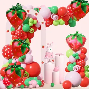 128pcs Strawberry Balloon Theme Garland Arch Kit With Printed Strawberry Foil Balls, White Polka Dots, Green, Red, Pink Balloons For Birthday Parties, Wedding Venues, Anniversary Decorations, Prom Decorations