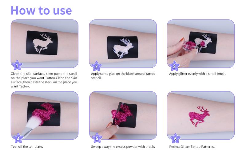 Temporary Glitter Tattoo Kit for Kids & Adults, 42 Glitter & 6 Fluorescent Color, 209 Stencils, 4 Glue, 5 Brushes, 1 Diamond Sticker, Safe & Easy Removal Face Body Art Birthday Party Supplies