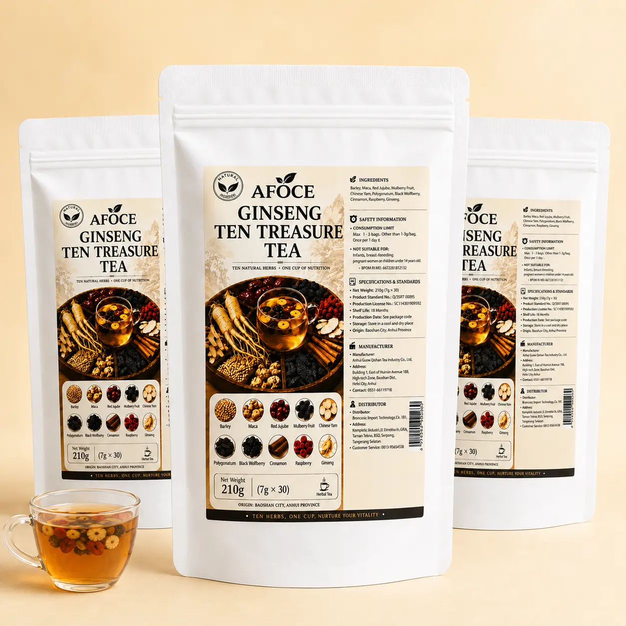 AFOCE Kidney Tea Formula: Ginseng 10-Treasure Tea, Liver & Kidney Care, 30 Tea Bags, Pure Herbal 10-Treasure Tea, Men’s Herbal Tea, 10-Treasure Herbal Blend