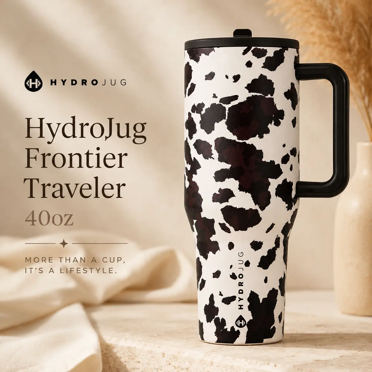 HydroJug Frontier 40oz Traveler Cow Print Insulated Tumbler with Handle, Leakproof Flip Straw Lid and Cup Holder Friendly Base, American Heritage Collection, Western Cow Tumbler, Cowhide Print Tumbler