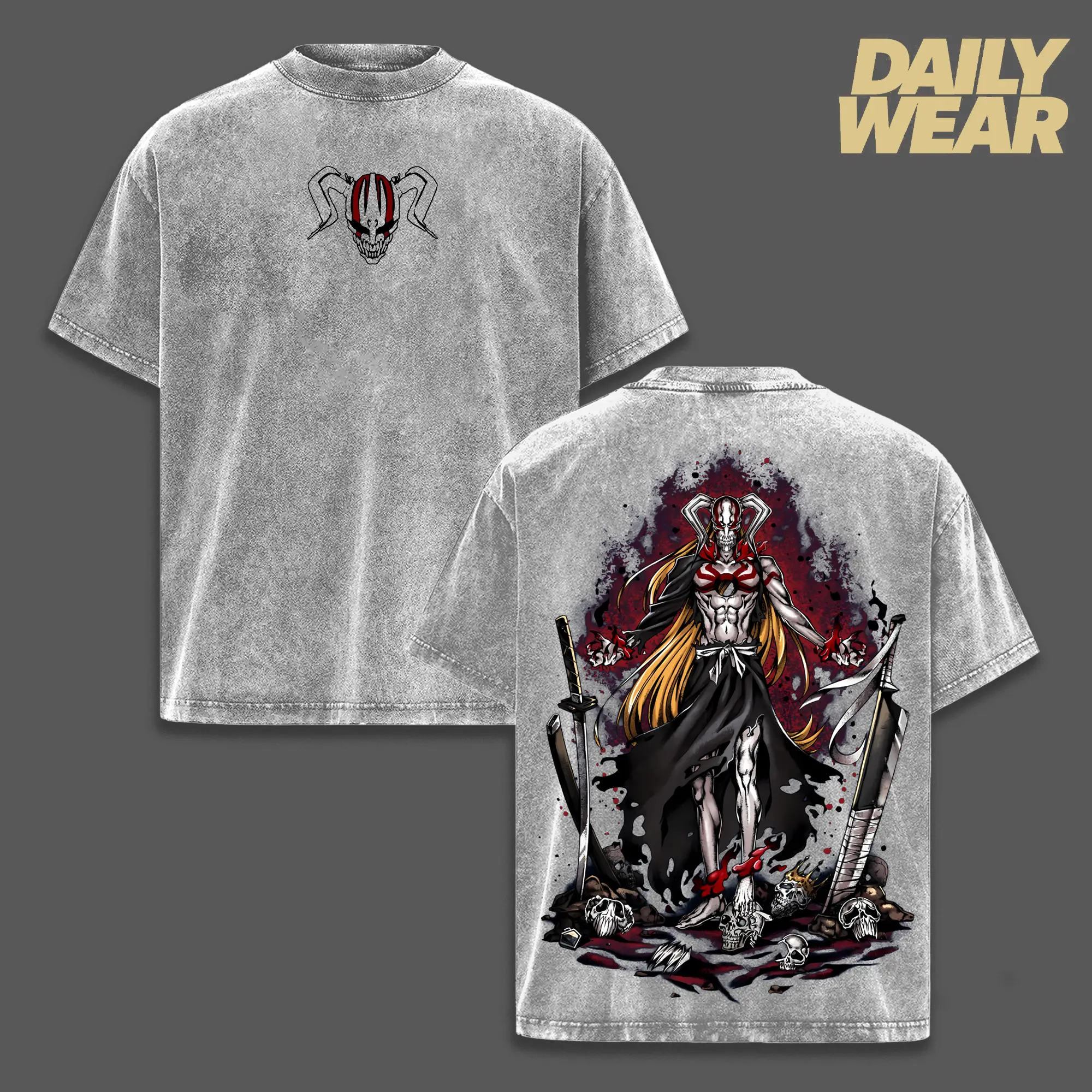 Bleach Ichigo Kurosaki Bankai Double Sided Oversized Washed T-Shirt, Anime Manga Heavyweight Cotton Unisex Streetwear Gift