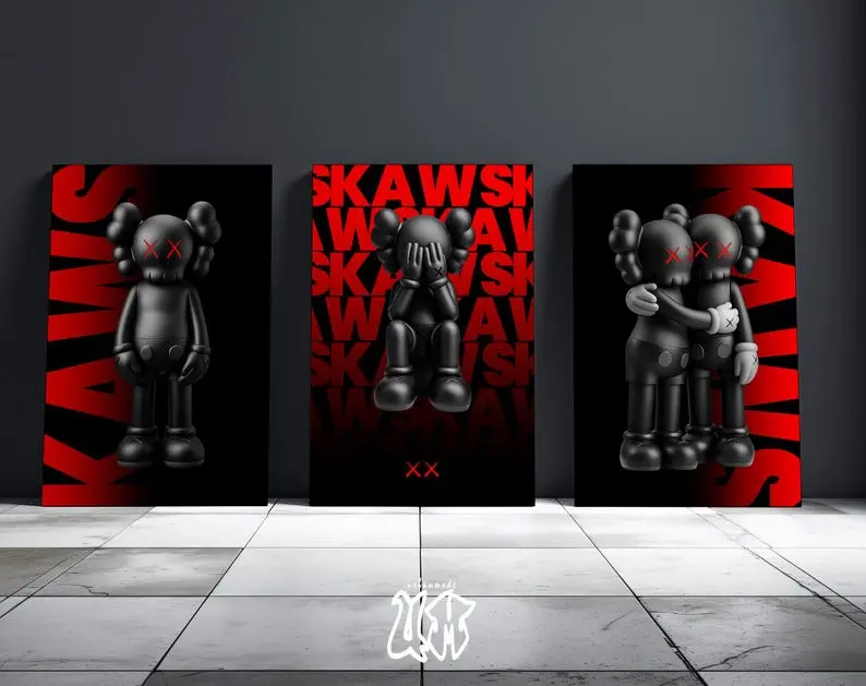 Set of 3 KAWS Prints, Black & Red Figures, Urban Wall Art