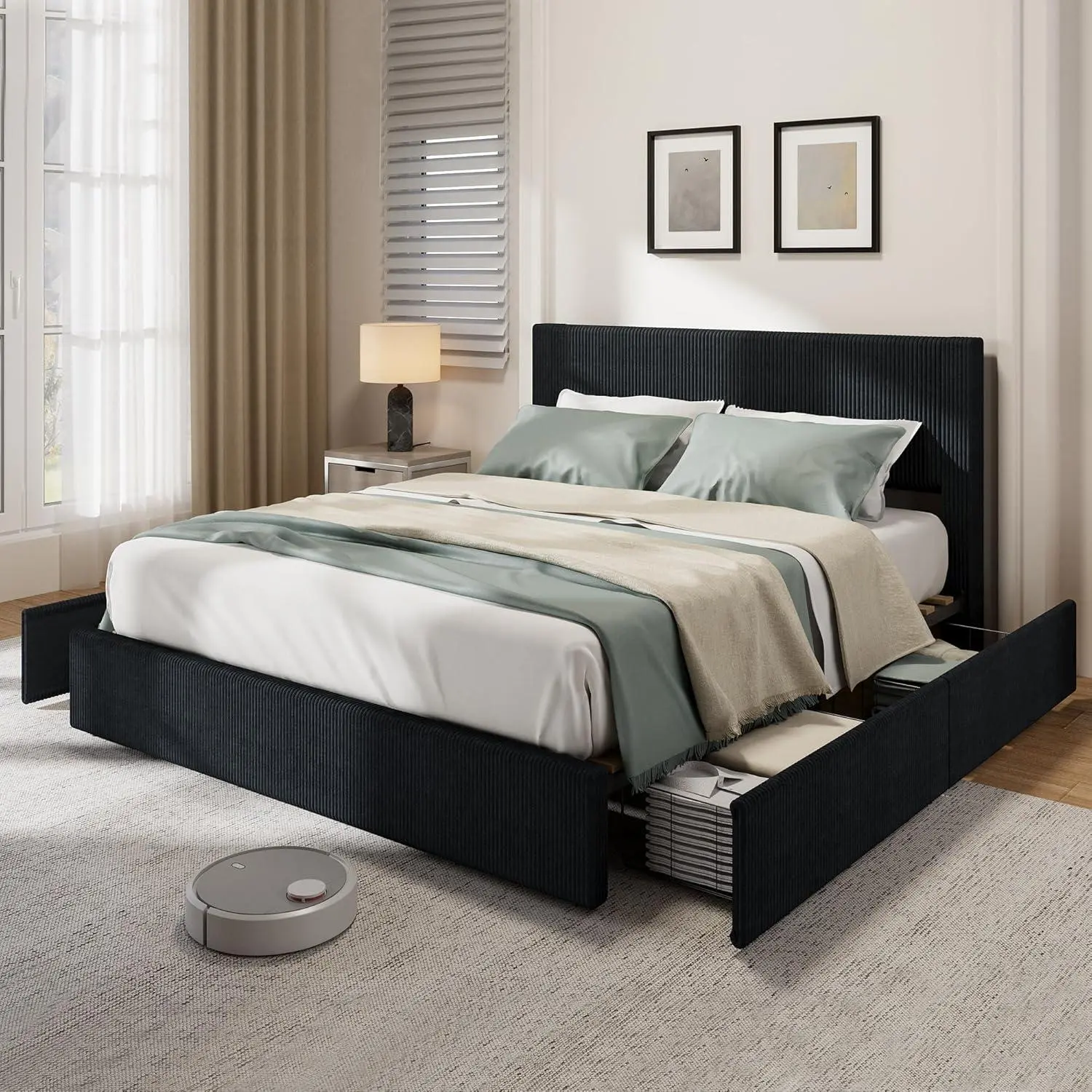 Gaomon Queen Size Black Corduroy Button Tufted Winged Platform Bed Frame - Upholstered Wingback Headboard, 4 Storage Drawers, Wood Slatted Bed Base Support, 400 lbs Capacity, Reinforced Corners & Legs, No Box Spring Needed