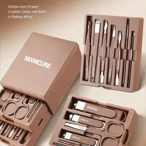 13-Piece Nail Care Kit, Includes Nail Clippers, Eyebrow Trimmer, Facial Hand Tools, Mirror, Dual-Layer Drawer Box, Portable